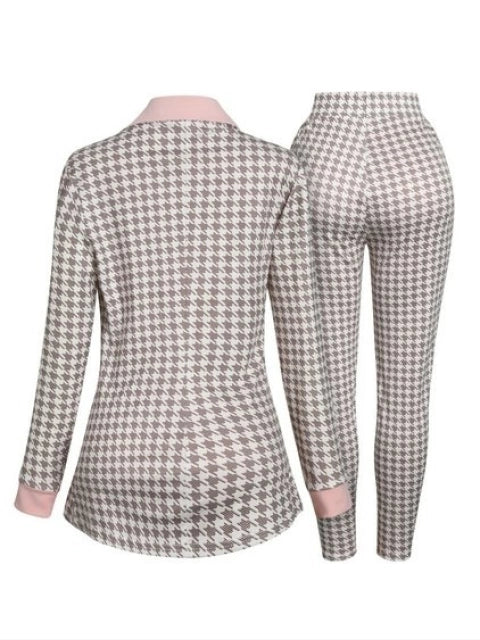 Houndstooth Pattern Pink/Beige Blazer Pants Suit